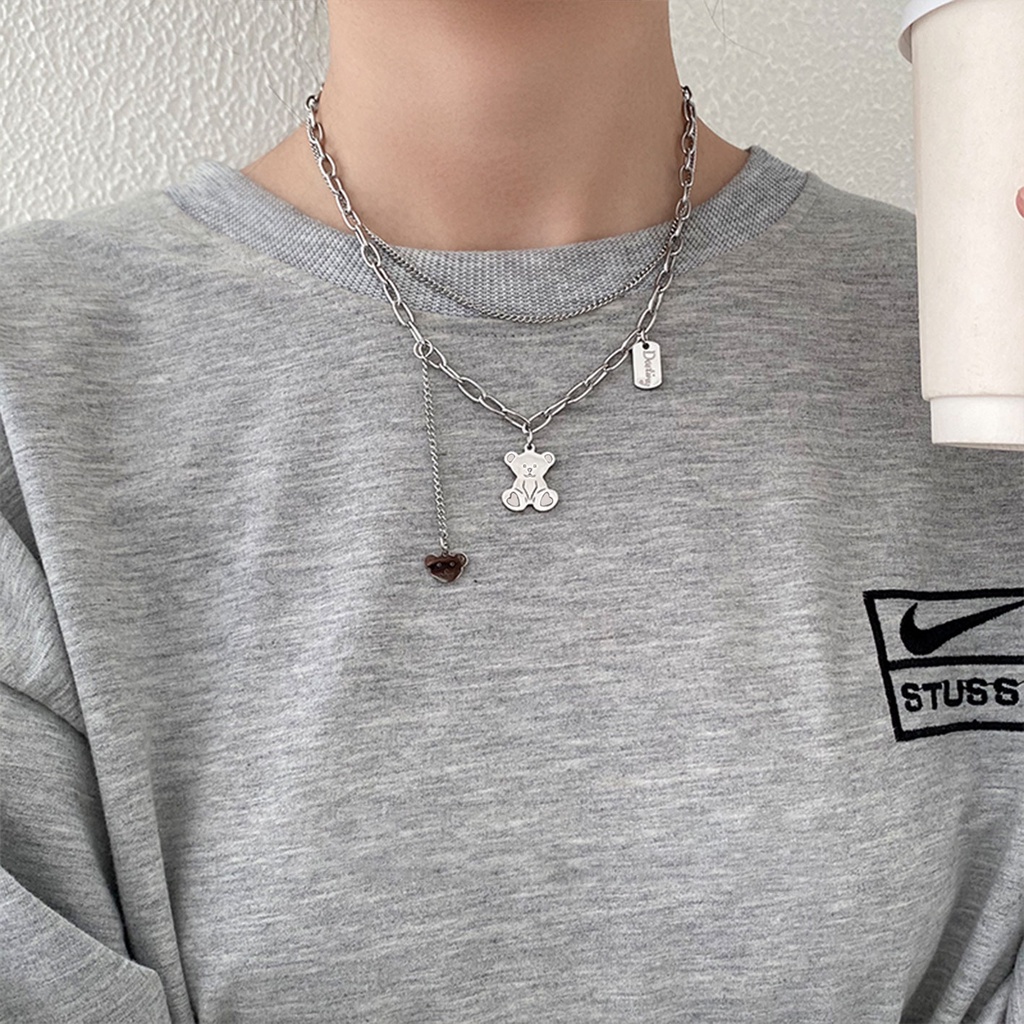 Dây Chuyền Hai Lớp Mặt Gấu Màu Bạc Phong Cách Hip Hop Hàn Quốc Cá Tính Ngọt Ngào Cho Nữ