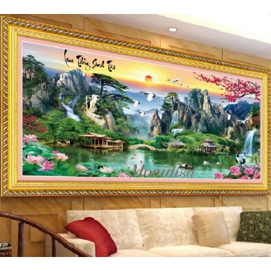 TRANH THÊU KÍN CHỮ THẬP PHONG CẢNH LƯU THỦY SINH TÀI MN0147 (160X75)