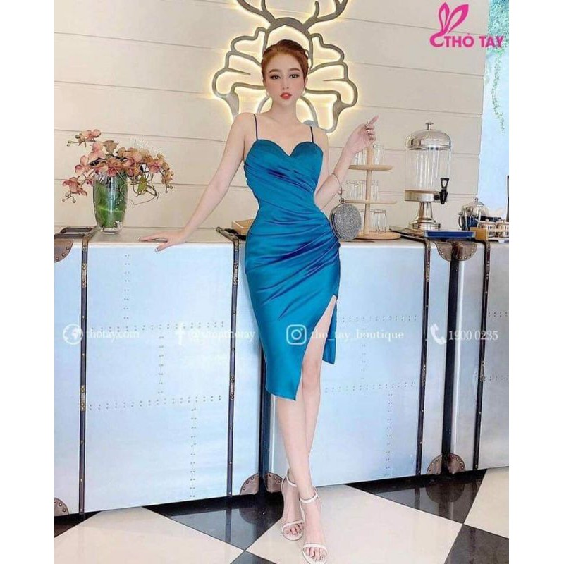 Đầm 2 dây xếp ly eo xẻ tà