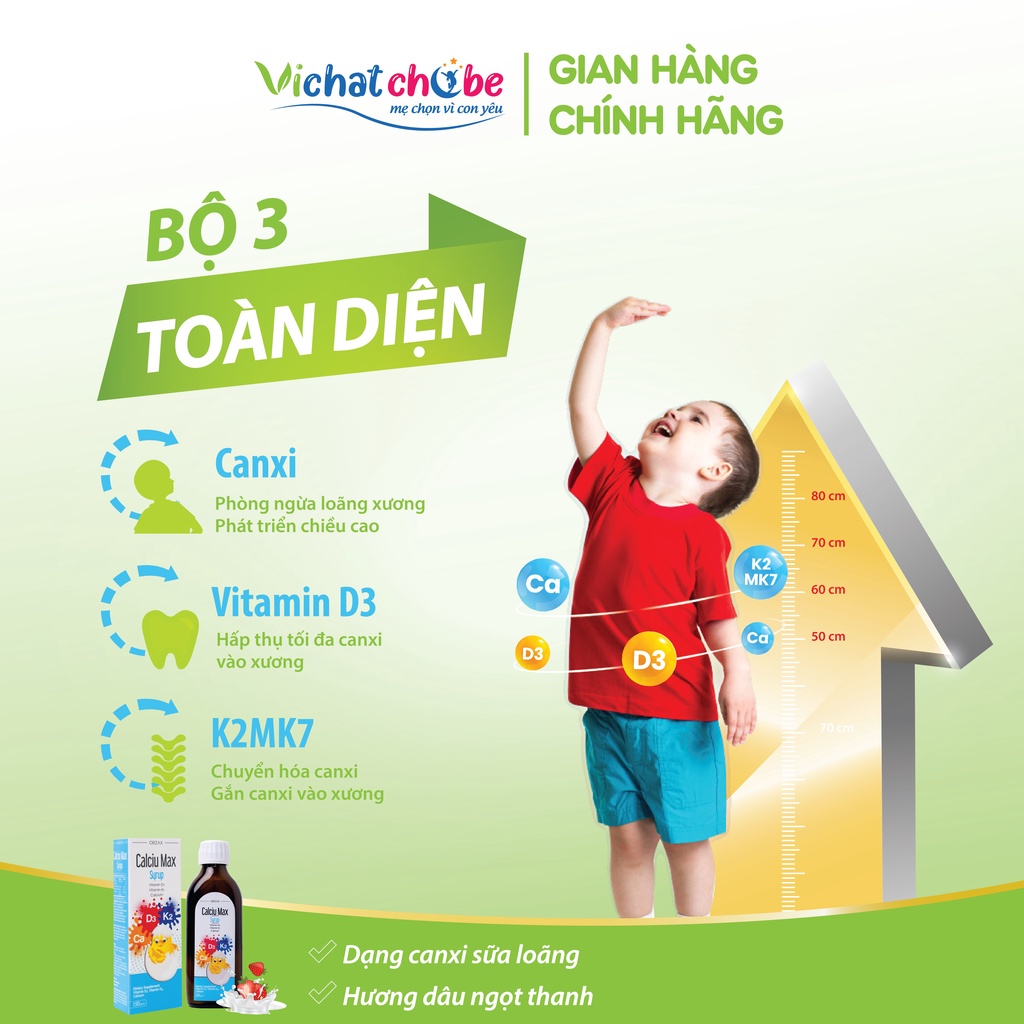 Canxi hữu cơ Orzax Calciu Max Syrup - Bổ sung canxi, D3, K2MK7 cho bé phát triển chiều cao, xương răng chắc khỏe 150ml
