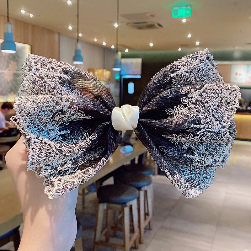 Kẹp tóc hình nơ vải ren thêu họa tiết thời trang