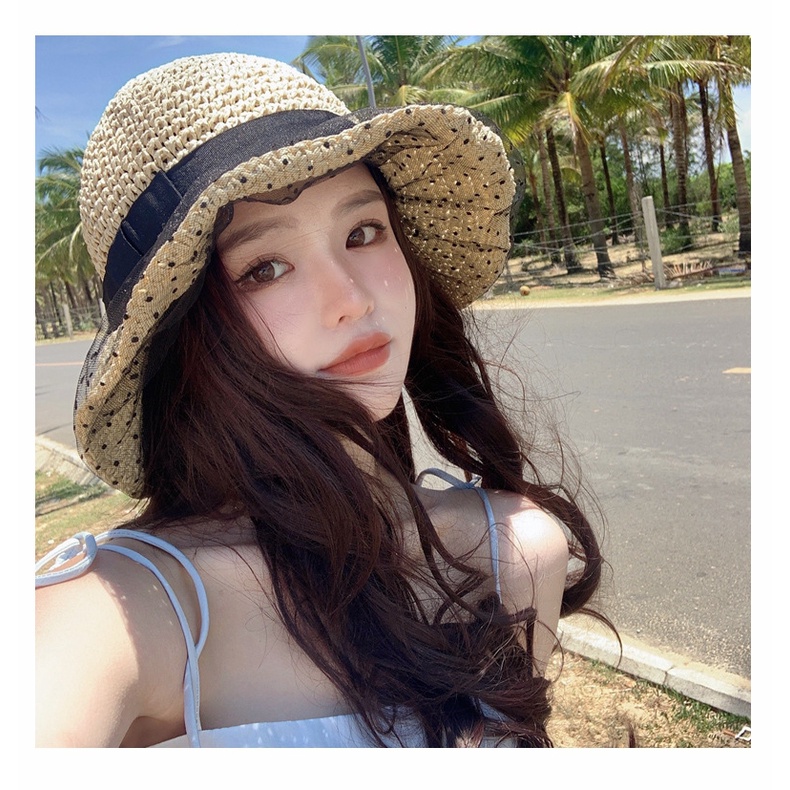 Nón Cói Rộng Vành Phối Ren Phong Cách Hàn Quốc Mẫu Mới Dành Cho Nữ Đi Biển