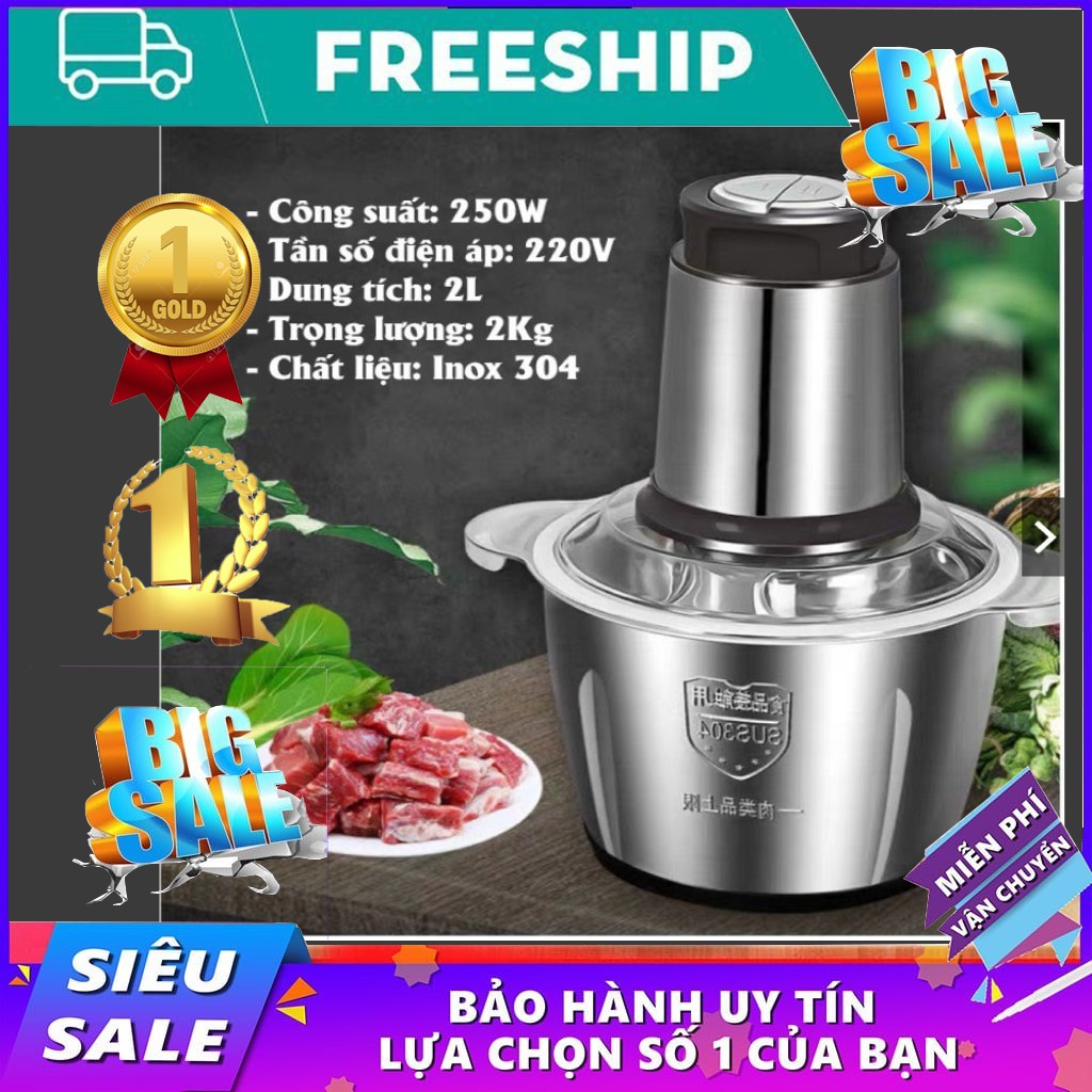 Máy Xay Thịt, Máy Say Thịt Cá Cối Inox 304 2L 4 Lưỡi Công Suất 250W Cao Cấp - Cối Xay thực phẩm rau củ quả đa năng