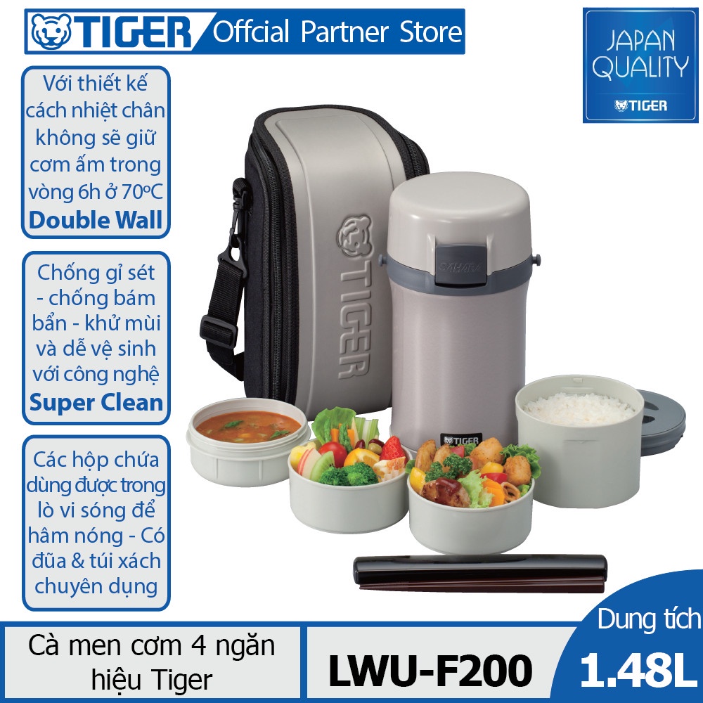 Hộp cơm giữ nhiệt Tiger, cà mèn đựng cơm văn phòng chia 3 ngăn chất liệu inox 304 - Thương hiệu Nhật - HAPOS