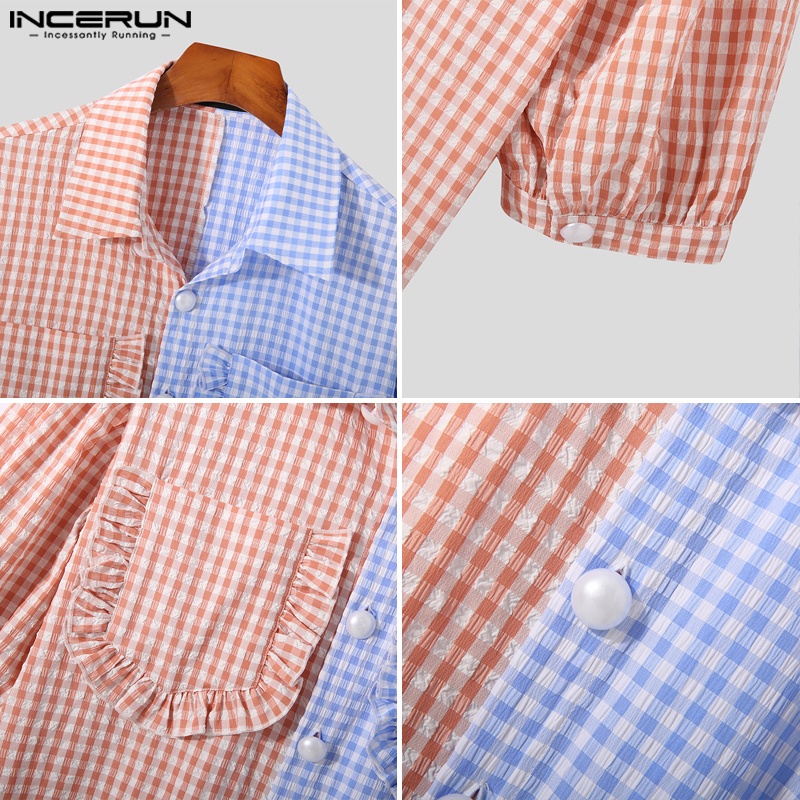 Áo sơ mi Incerun tay ngắn viền nhún bèo in kẻ sọc nhiều màu bắt mắt kiểu mùa hè cho nam