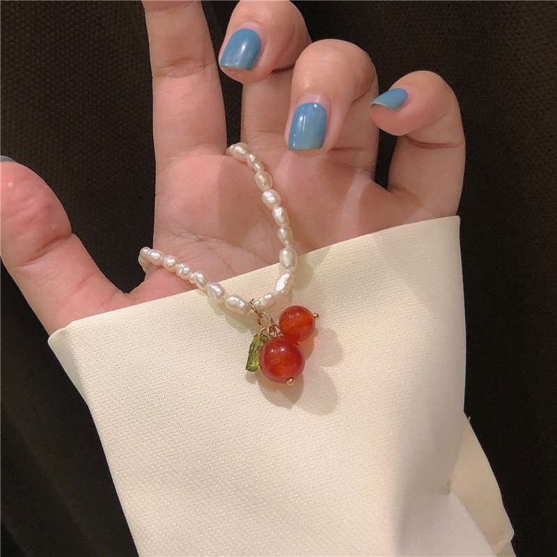 Dây Chuyền Mặt Hình Quả Cherry Đính Ngọc Trai Đơn Giản