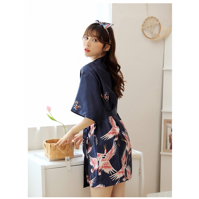 Áo choàng ngủ phi bóng kimono cô dâu in hình chim hạc flamingo sang trọng phong cách Nhậ