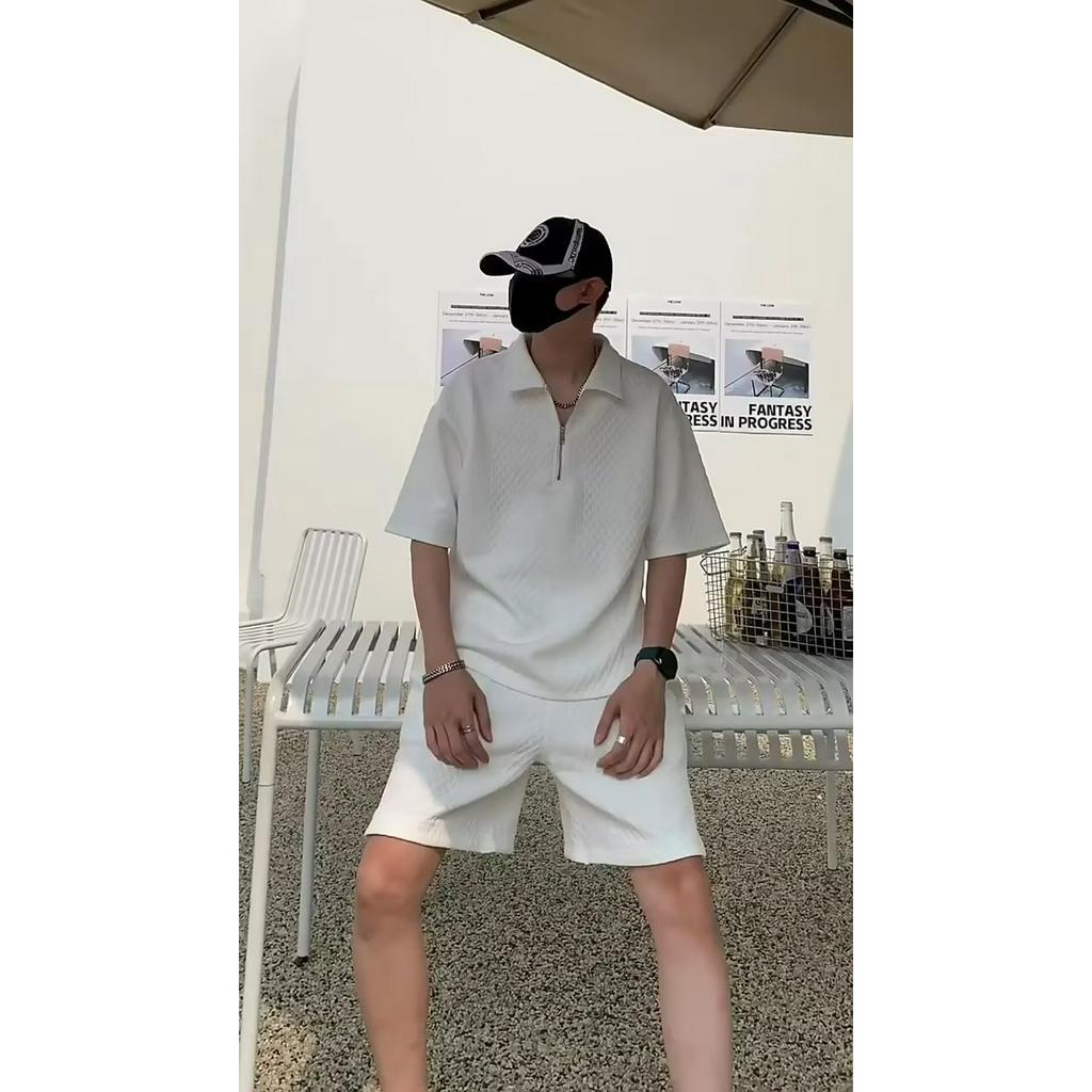 Bộ Áo Thun POLO Ngắn Tay Dáng Rộng + Quần Short Ống Rộng Phối Khóa Kéo Thời Trang Đi Biển Cho Nam