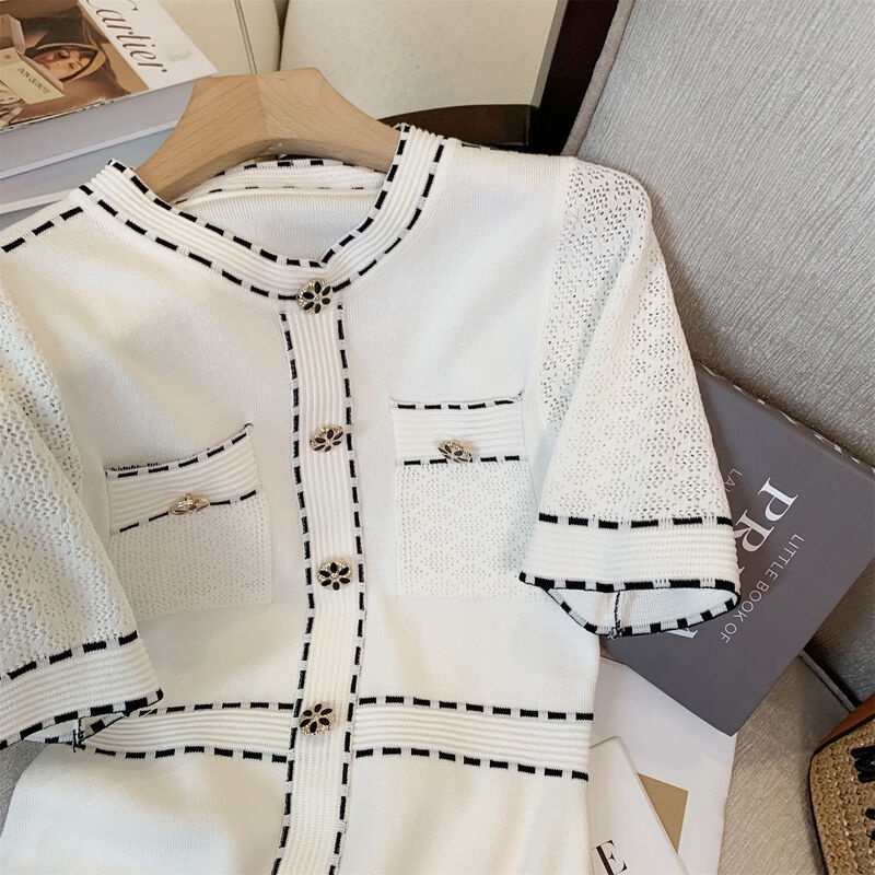 Đầm dáng chữ A lụa lạnh dệt kim ôm eo cổ tròn màu đen/ màu trắng phong cách Châu Âu thời trang mùa hè sang trọng mới