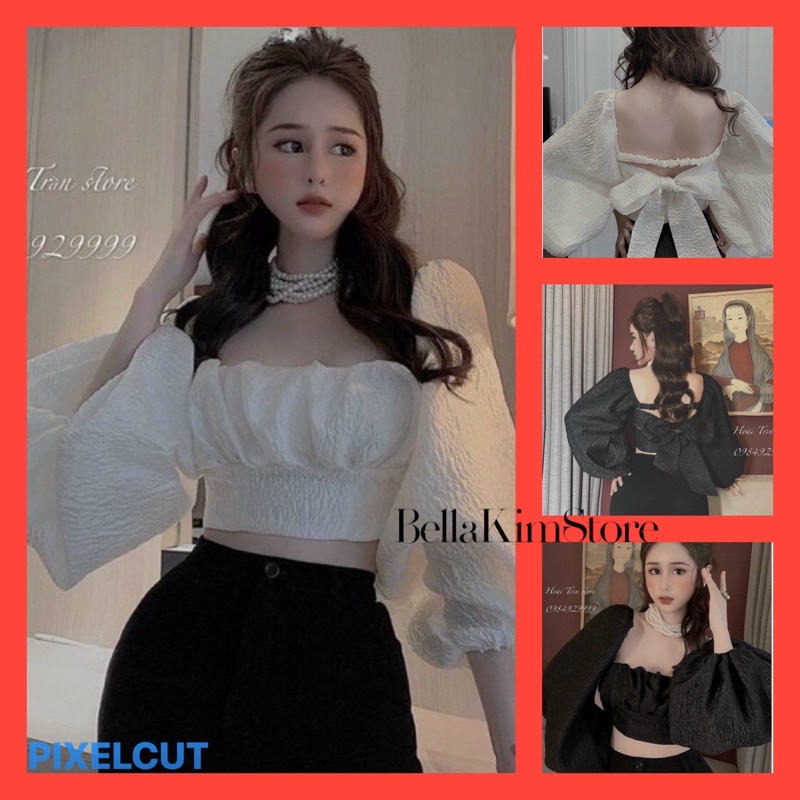 [Trang-Đen] Áo kiểu croptop xốp vân nổi tay phồng kèm lót ngực xịn xò siêu đẹp Ảnh thật chụp cận chất vải cuối