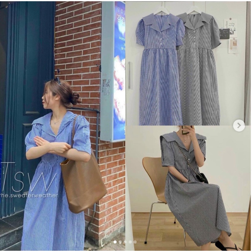 Váy kẻ caro babydoll dáng dài tay phồng, đầm babydoll thủy thủ tay bồng ulzzang
