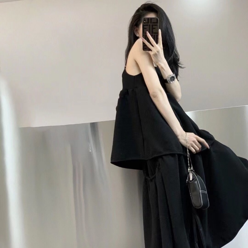 Set đầm hai dây IELGY màu đen phong cách retro Pháp thời trang mùa hè cho nữ (Có bán lẻ)