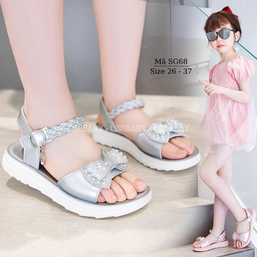 Sandal bé gái 3 - 12 tuổi gắn nơ công chúa điệu đà và duyên dáng màu bạc thời trang phong cách Hàn Quốc SG68