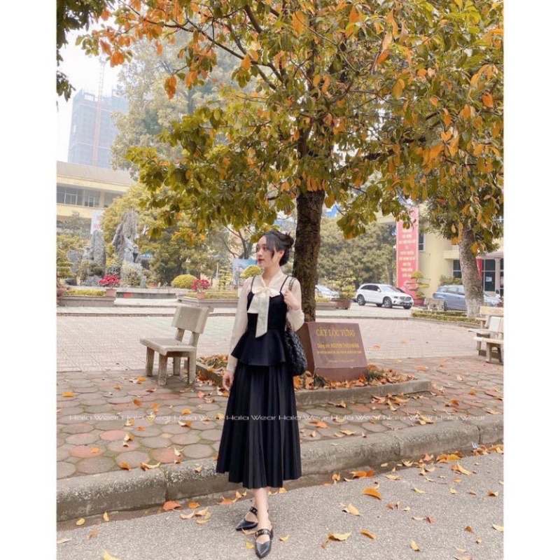 Chân váy dập li công sở 75cm, midi dáng dài, xếp li freesize 43-58kg