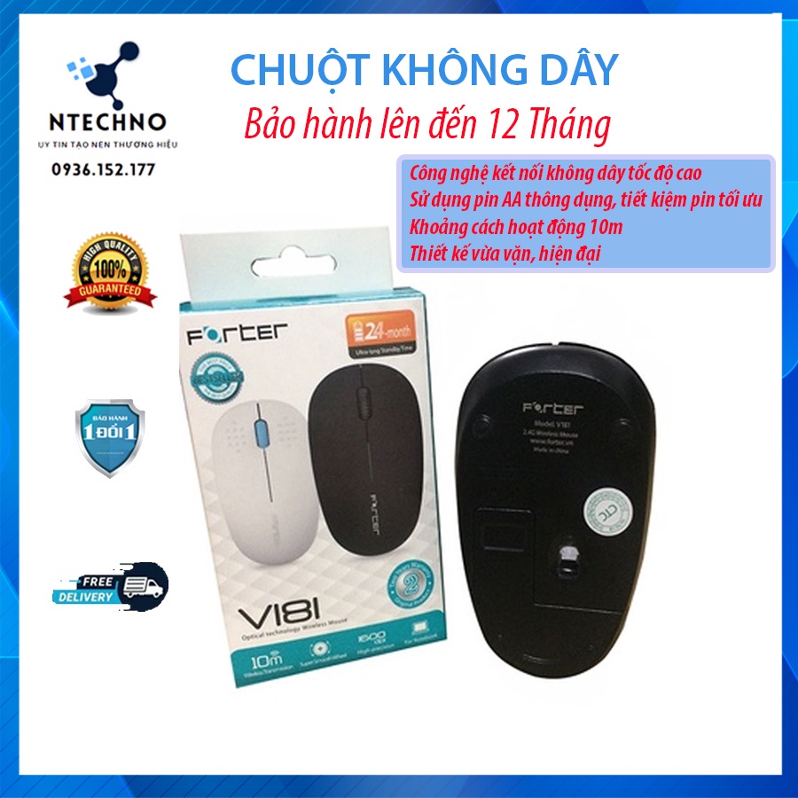 Chuột không dây chính hãng (Combo kèm pin) - Chuột wireless Forter V181 dùng cho máy tính, laptop - Bảo hành 6-12 tháng