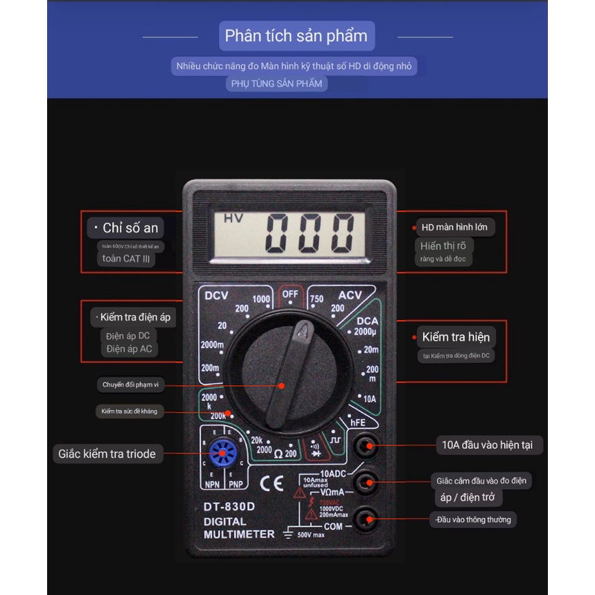 Đồng hồ đo vạn năng cho thợ điện tử  DT-830D Có đo thông mạch