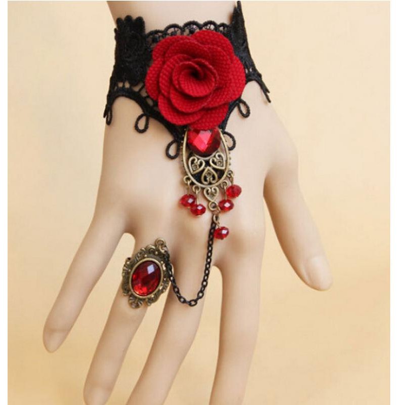 Lắc tay hoa hồng đỏ Vòng tay nối nhẫn choker ren đen