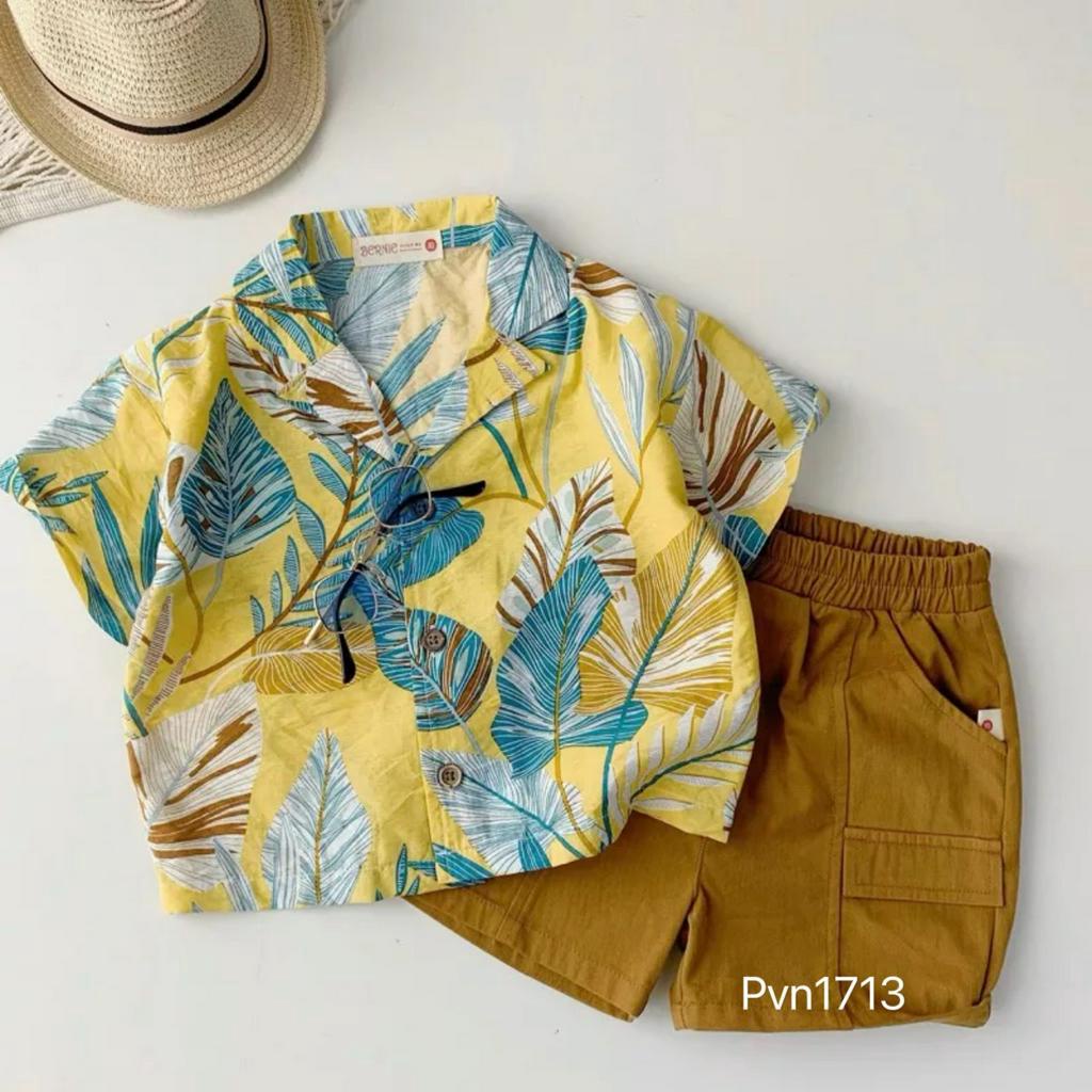 Quần áo bé trai, set bộ áo đũi lá phối short kaki 2 da xịn xò cho bé 8-26kg