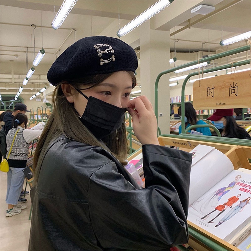 Mũ beret màu đen bằng cotton lanh thời trang phong cách retro Nhật Bản cho nữ