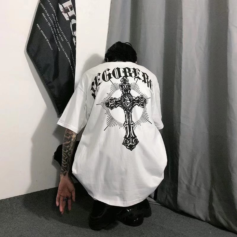 Áo Thun Tay Ngắn In Chữ Thập Phong Cách Gothic Thời Trang Cho Nam Và Nữ Size M-8XL