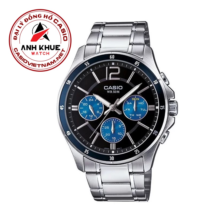Đồng Hồ Casio | Nam MTP-1374D-2AVDF | Dây Kim Loại | 6 Kim | Chống Nước WR50M
