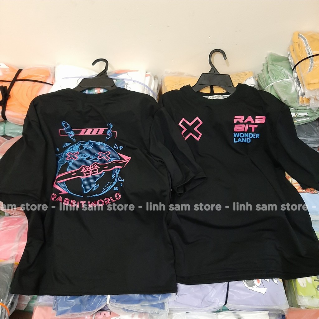 Áo thun tay lỡ freesize nữ phông form rộng Unisex, mặc cặp, lớp, nhóm hình thỏ RABBIT world WONDERLAND địa cầu màu đen | BigBuy360 - bigbuy360.vn