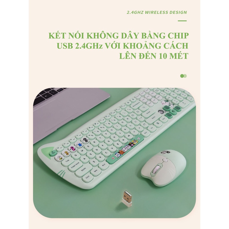 Bộ bàn phím và chuột không dây MOFII KITTY PLUS full 104 phím với hình dáng tai mèo dễ thương kết nối bằng chip USB - NK