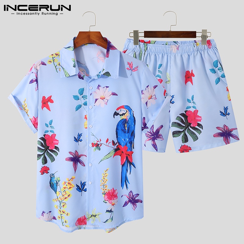 Set đồ 2 món INCERUN gồm áo sơ mi ngắn tay in họa tiết độc đáo + quần short thời trang cho nam
