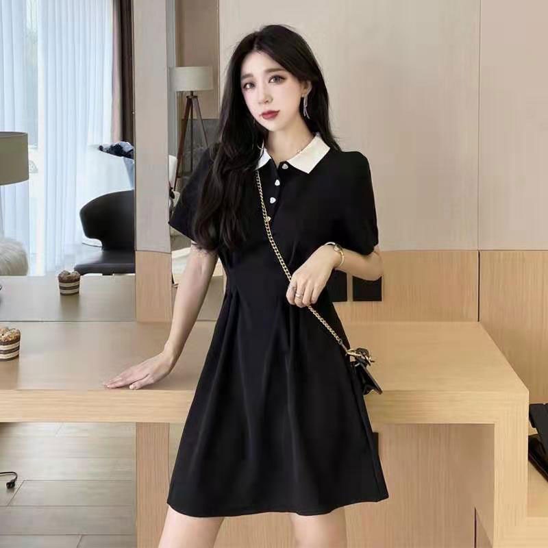 Đầm cổ polo XINLANYASHE màu đen chiết eo phong cách Hepburn dành cho nữ váy thiết kế tay bồng