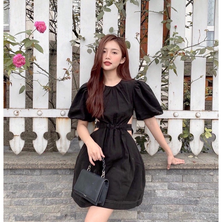 Váy nữ viền chỉ buộc nơ lưng tay bồng chất thô lụa mềm mịn phong cách tiểu thư sang chảnh_M.Store