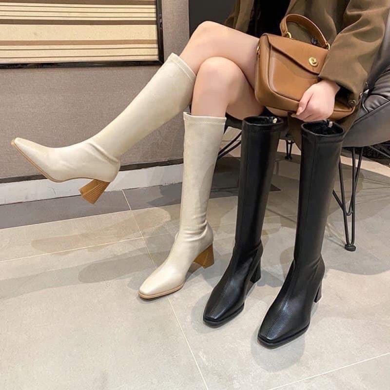 [sẵn]bốt gối (boot đùi) gót cạnh da lì trơn 7p-có lót nỉ (FULL HỘP hàng QC) mã 229