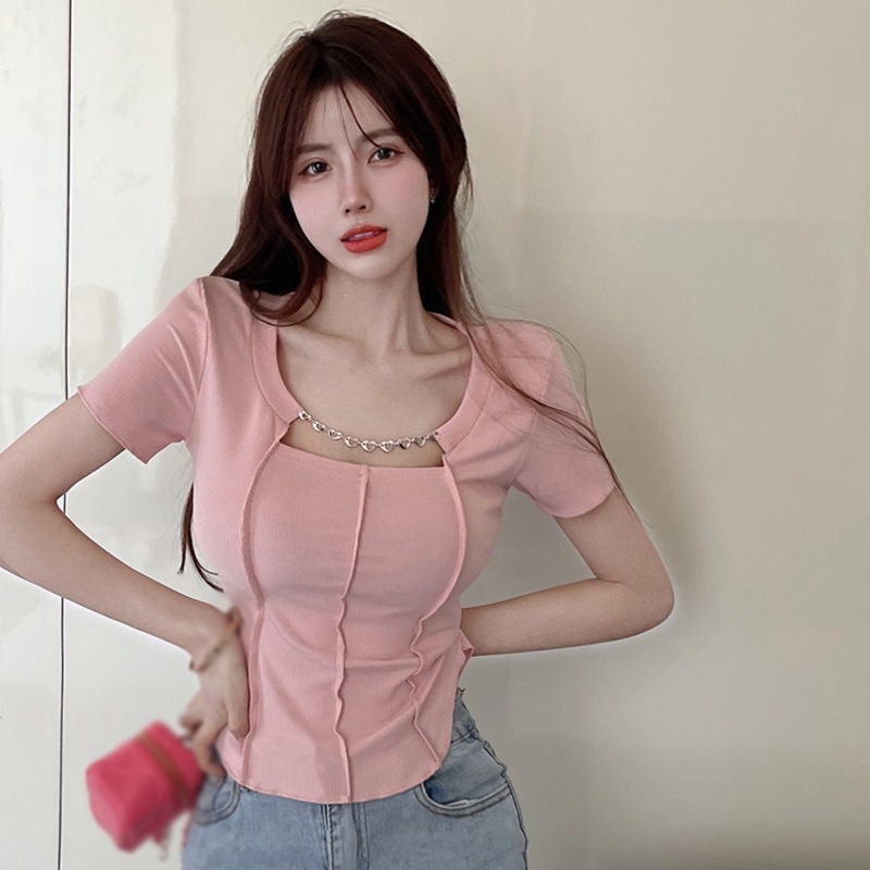 Áo Thun Tay Ngắn Cổ Vuông Màu Sắc Đơn Giản Dành Cho Nữ