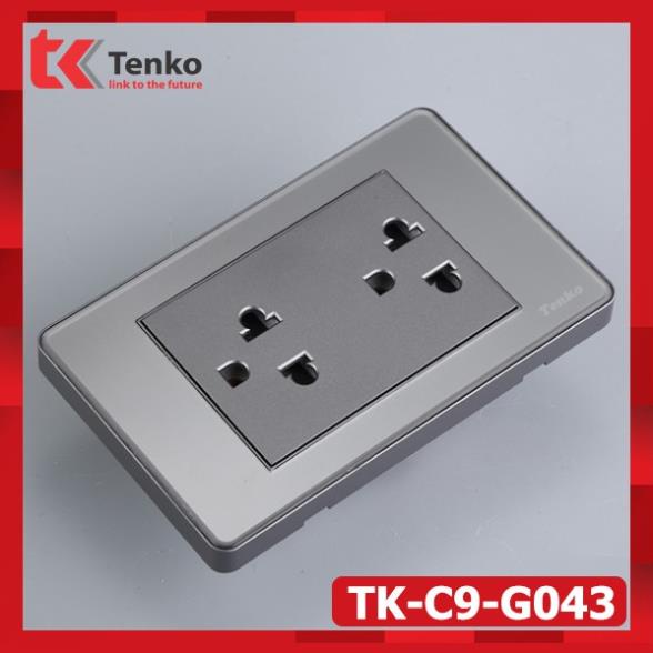 Ổ Điện Đôi 3 Chấu Âm Tường Mặt PVC Trong Bo Viền Màu Xám - Chống Xước Bong Chóc Màu, TENKO TK-C9-G043
