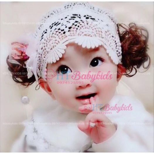 Băng Đô Turban Cho Bé Gái Có Tóc Giả Hai Bên - Chất Vải Thun Cotton Đính Nơ Trắng- Mềm Mịn