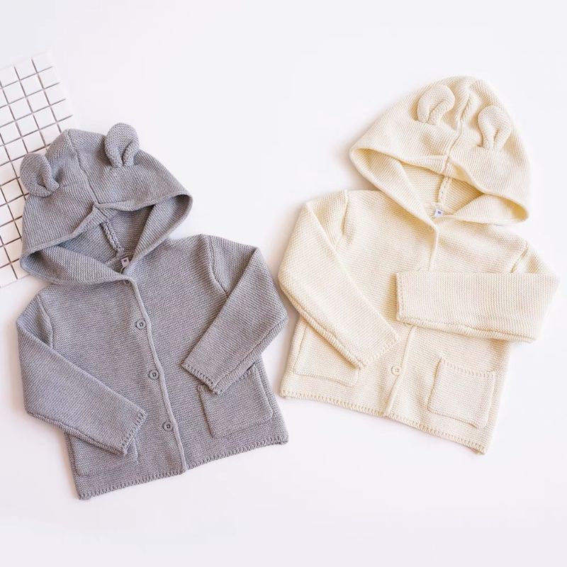 Áo khoác cho bé , áo len gap xuất dư xịn màu xám trơn dễ mix đồ , cardigan co giãn chất mềm mũ tai gấu - tiệm nhà an