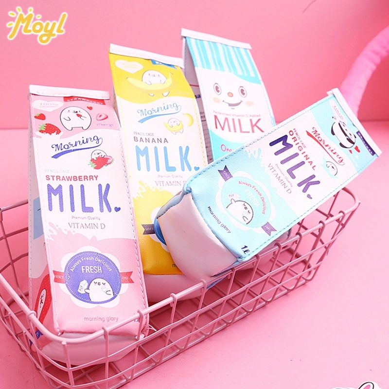 Bóp bút da PU thiết kế hình hộp sữa hoạt hình phong cách Hàn Quốc đáng yêu sáng tạo