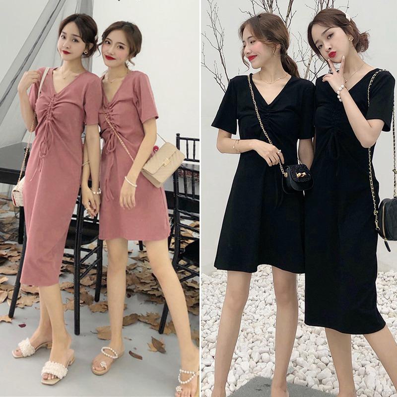 [Baywellfashion]Đầm Tay Ngắn Cổ Chữ V Thiết Kế Màu Trơn Thanh Lịch