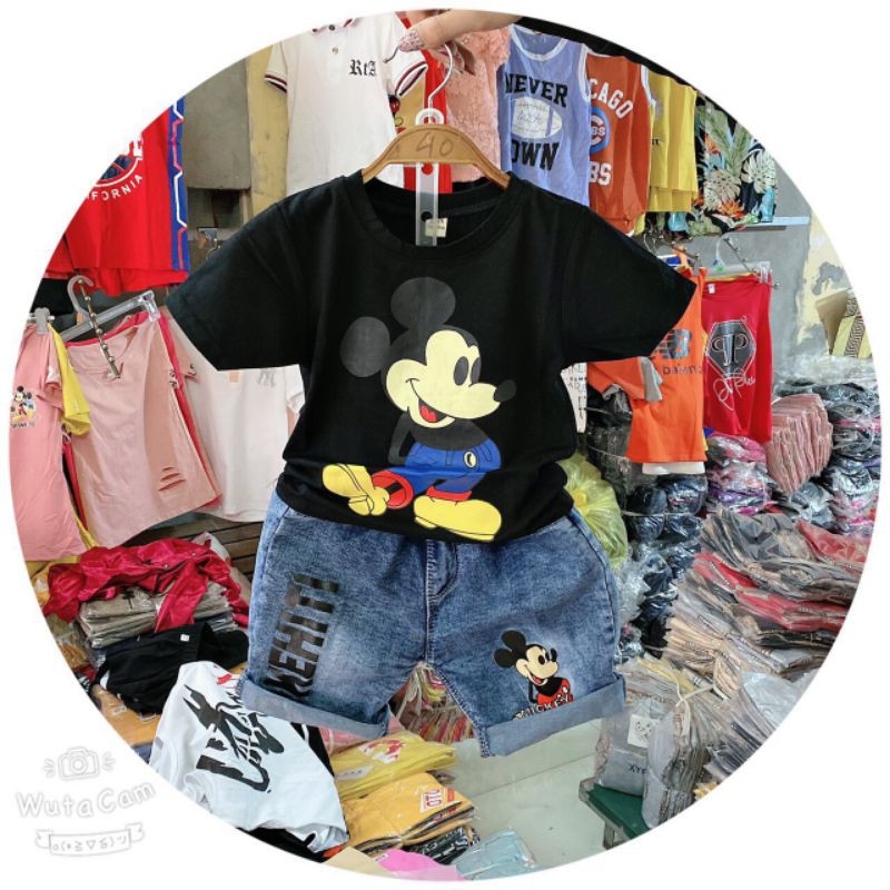 Set mickey quần jean 2 màu đen trắng