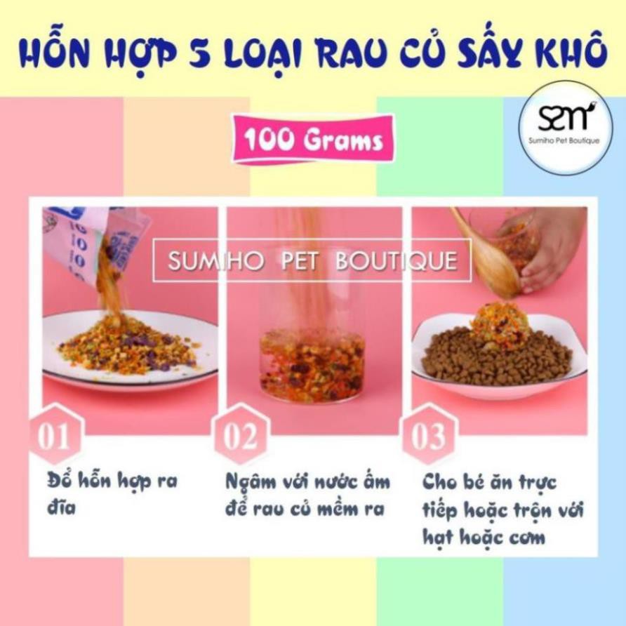 Rau củ sấy khô cho chó mèo Sumiho (Khoai, bắp cải, bí đỏ, cà rốt, bông cải) dùng trộn cơm hoặc hạt