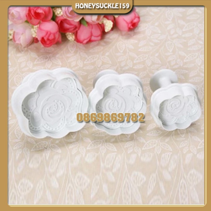 Bộ 3 Khuôn Cutter Bánh Quy Fondant 3D/Khuôn Nhấn bánh cookie (Mẫu Hoa Hồng)