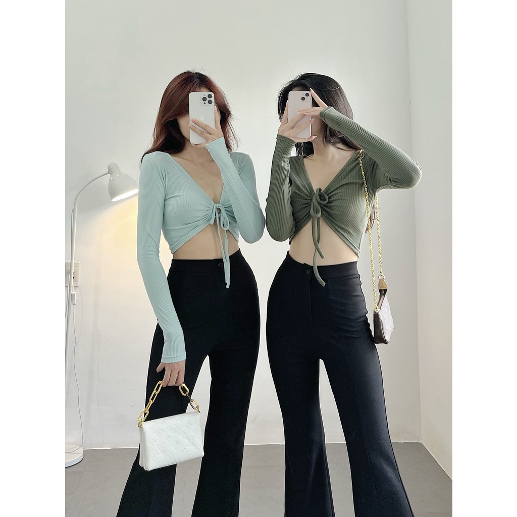 Áo croptop nữ tay dài HHVINTAGE kiểu cổ tim khoen thun co giãn TOP A68