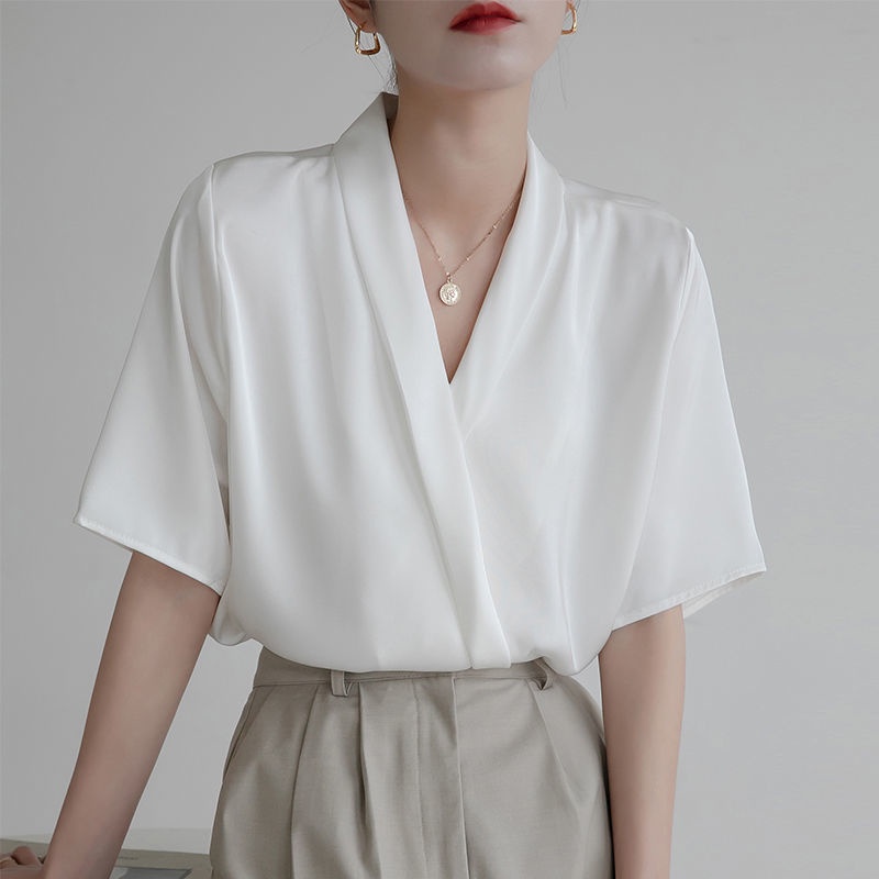 Áo Sơ Mi Tay Ngắn Cổ Chữ V Dáng Rộng Vải satin Thời Trang Mùa Hè Cho Nữ