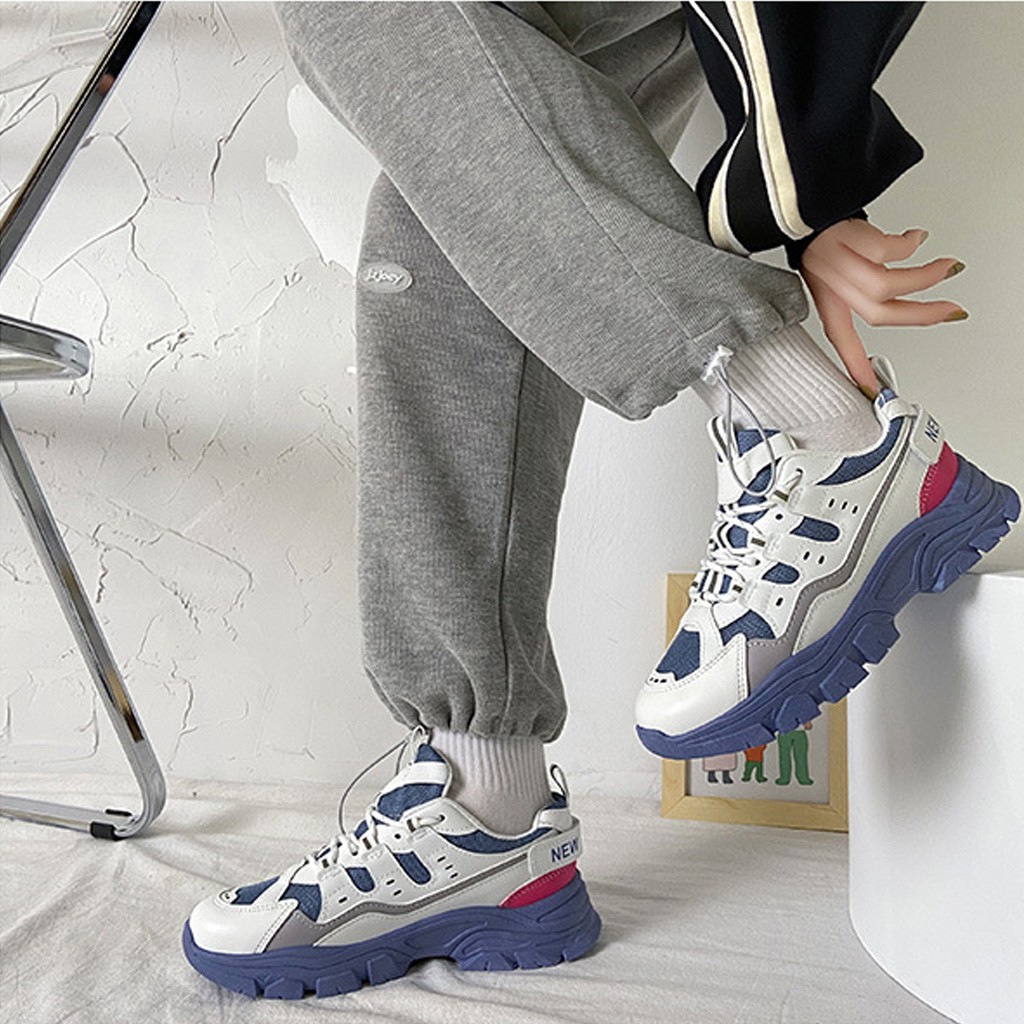 Giày sneaker nữ cổ thấp đế bằng 4cm cột dây thời trang chạy bộ đi học đi chơi phong cách cực ngầu, Giày nữ BUXINO19