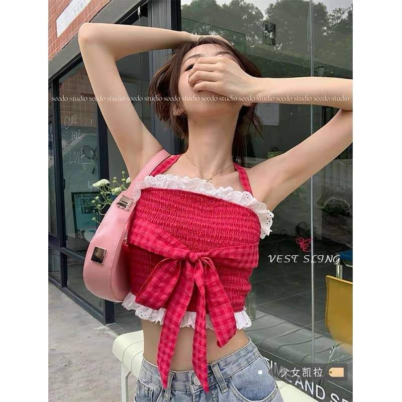Áo croptop viền buộc nơ hàng QC