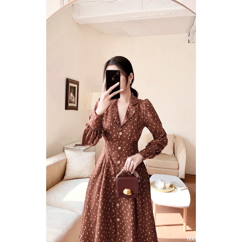 Đầm midi hoa nhí nâu tây vintage tay phồng dài NÀNG CLOSET