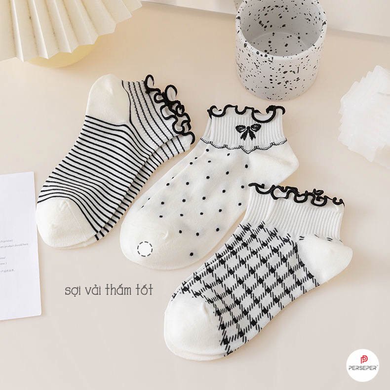 Tất cổ ngắn nữ chất liệu cotton co giãn bốn chiều, set tất vớ phong cách công chúa đáng yêu