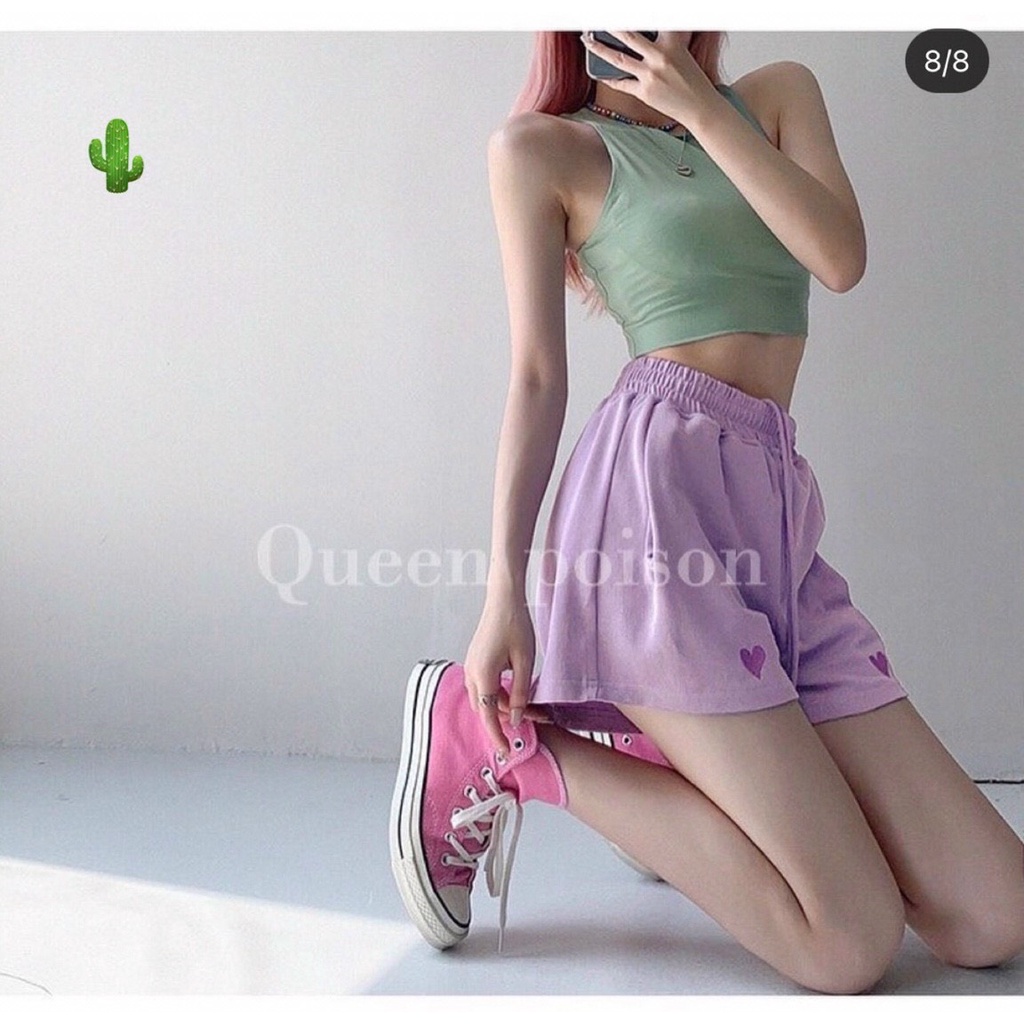 Quần short thêu tim thun da cá tập thể dục tập gym pc