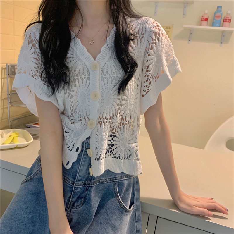 Áo Khoác Cardigan Tay Ngắn Màu Trơn Phối Ren Thời Trang Cho Nữ