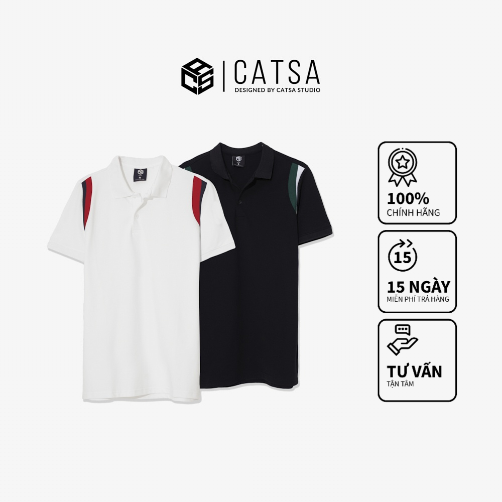 Áo thun polo nam có cổ đen phối xanh trắng thun Cotton cao cấp, dáng chuẩn, thoải mái CATSA ATP252 - 250