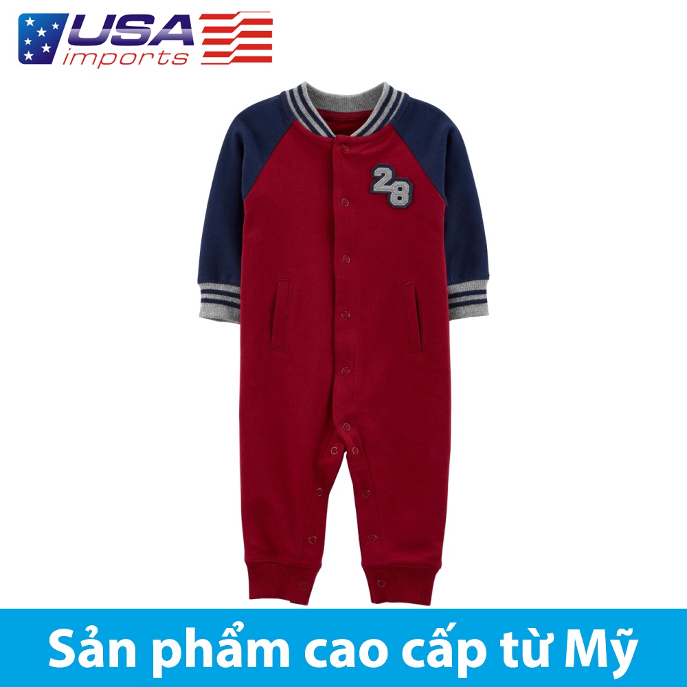 Đồ dài, áo liền quần giữ ấm, jumpsuit cotton terry xanh đỏ cài nút trái banh Car-tờ Auth Từ Mỹ (1J101310)